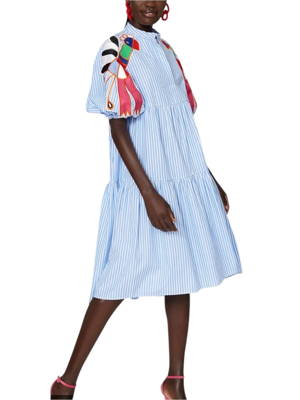 Stella Jean Parrot Sleeve Striped Blue Puff-Sleeve Tiered Midi Dress 42 US 6